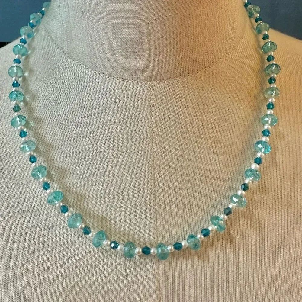 Blue crystal beaded faux pearl necklace
